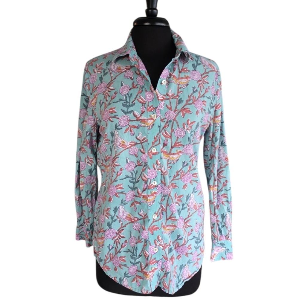 Anokhi Pour Simrane Medium Floral Block Print Button Down Shirt Turquiose